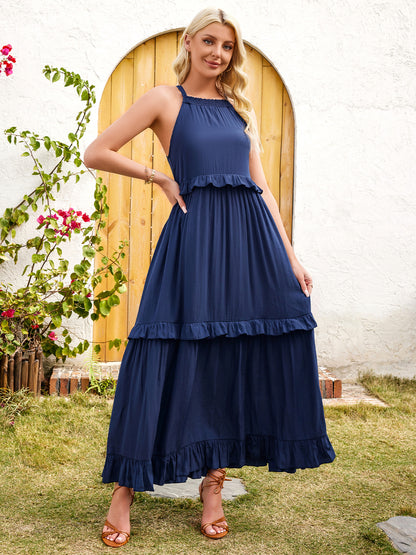 Halter Spaghetti Strap Sleeveless Tiered Maxi Dress