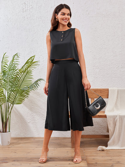 Round Neck Top & Wide Leg Pants Set
