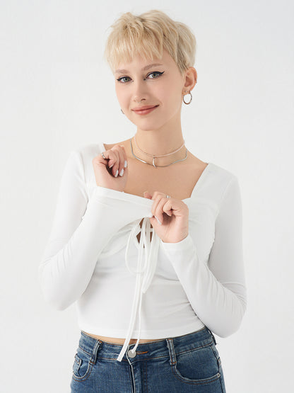 Sexy Square Neck Drawstring Top