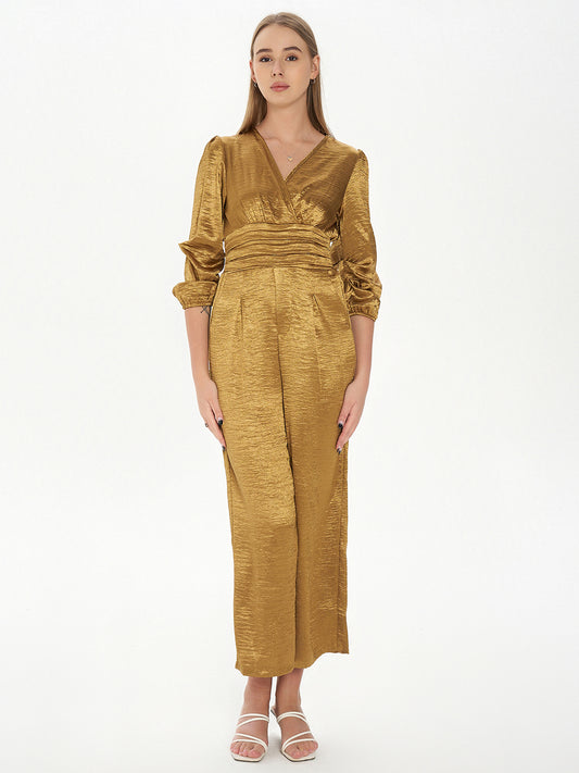 Solid V-Neck Pleat Jumpsuit