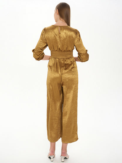 Solid V-Neck Pleat Jumpsuit